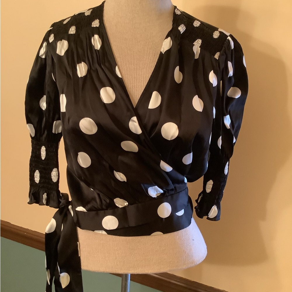 Art Dealer Black and White Polka Dot Wrap Top S NWOT